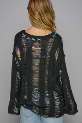 POL Distressed Dropped Shoulder Long Sleeve Knit Top OutfitFlow